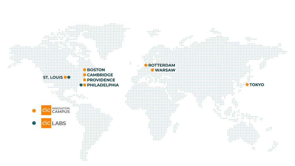 Global map showcasing CIC's innovation campuses and labs.