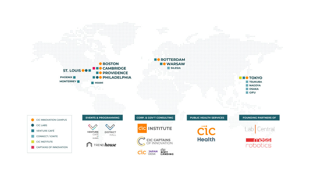 Map of CIC global presence, including innovation campuses, Venture Cafe programming, affiliates and consulting services. 