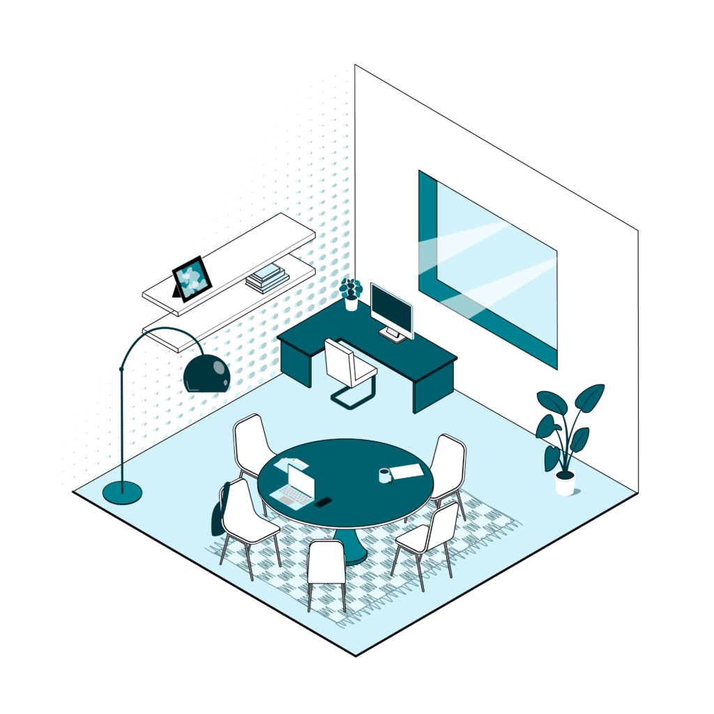 Illustration of private CIC workspace with table and chairs, desk, and decorations 