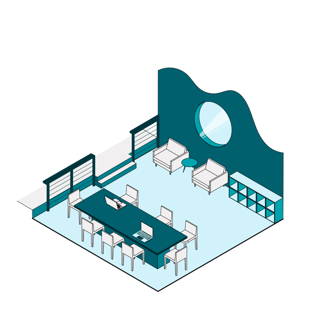 Illustration of a shared CIC workspace with table, chairs, and soft seating