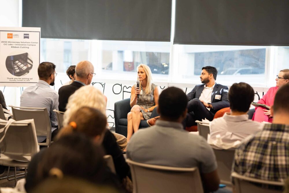 Panelists discuss life science topics during an event at CIC Labs + Innovation Campus in Philadelphia, PA