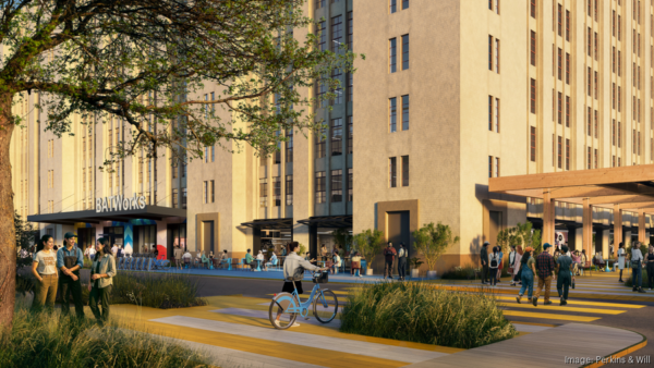 Rendering of BATWorks entrance at Brooklyn Army Terminal with people walking, biking, and gathering