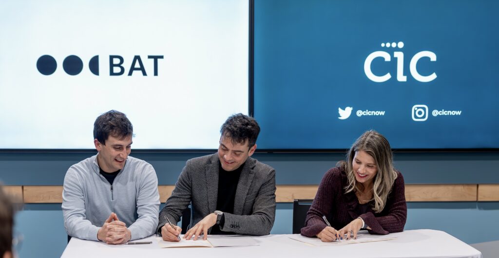 Staff from CIC and BAT signing an MOU at CIC Cambridge